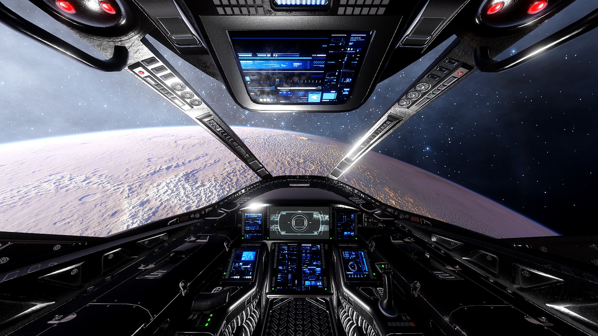 A spacecraft cockpit overlooking an alien landscape